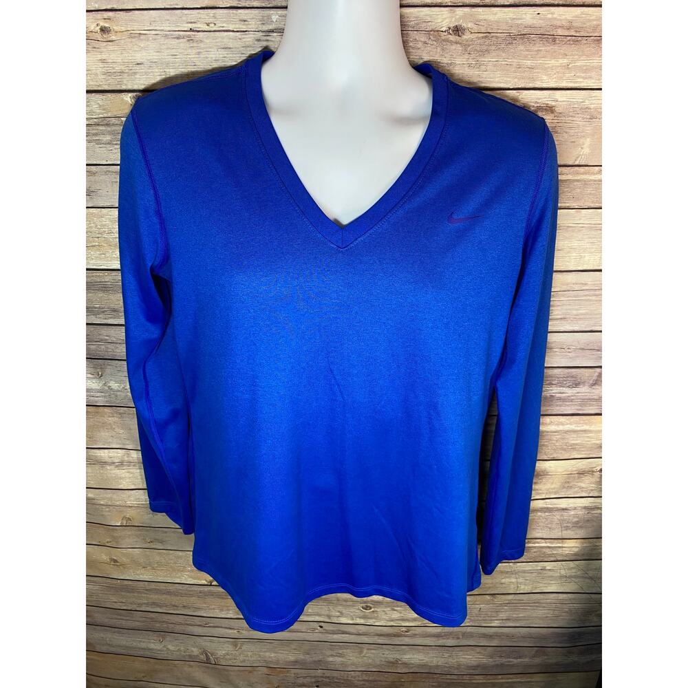 NIKE DRI-FIT ACTIVE T-SHIRT — Blue V-Neck Short Sleeve Women's Large